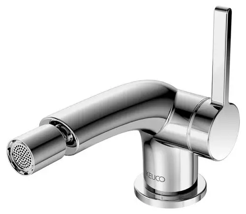 Verchromter Bidetmischer von Keuco mit seitlichem Hebel und abgerundetem Auslauf, geeignet für die Montage am Bidet.